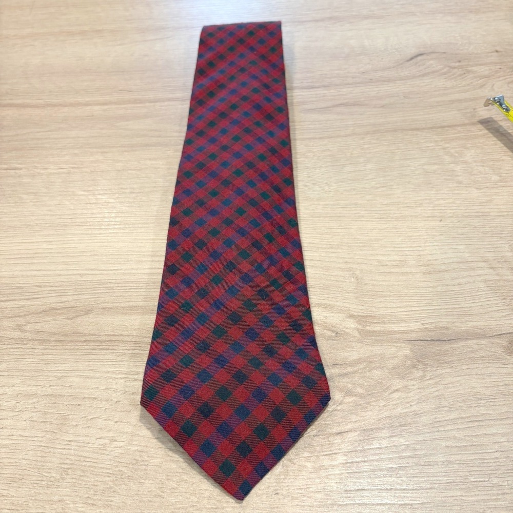 Gap Mens Red Navy Blue Green Plaid Check Rayon Wool Blend Necktie Made in USA